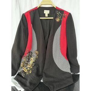 Chico's Open Front Embroidered Mixed Print Jacket Sz 0 US 4/6 Festival Boho Arts